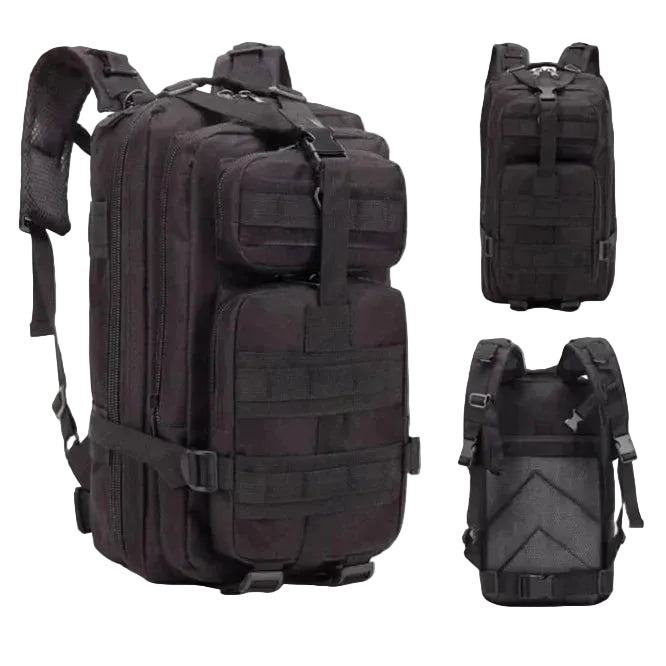 Black Military Style Tactical Outdoor backpack front and rear views. We Sell Bags.