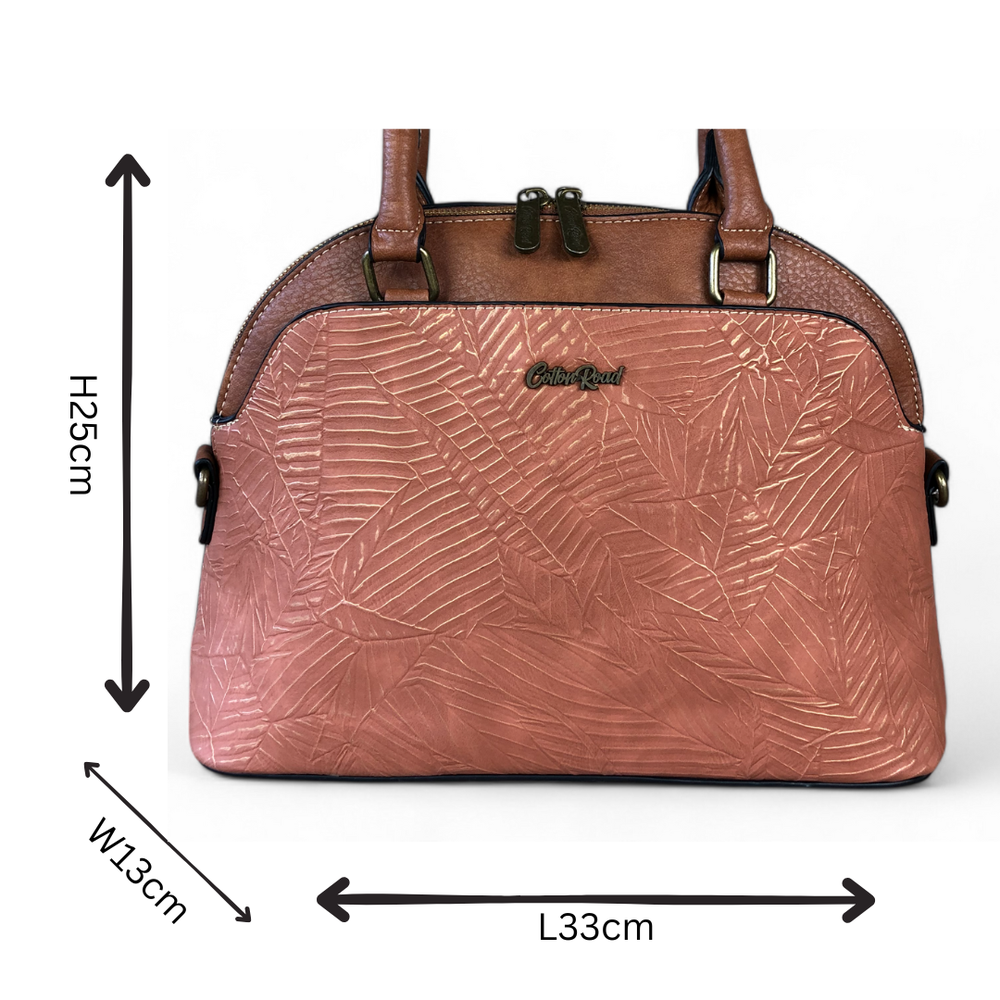 TAN BROWN Cotton Road PU Leather Handbag with Printed Panel