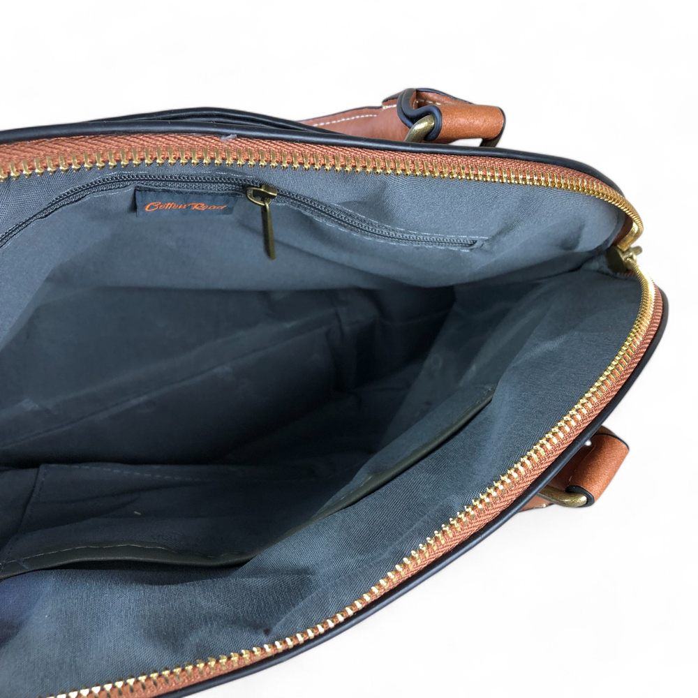 TAN BROWN Cotton Road PU Leather Handbag with Printed Panel