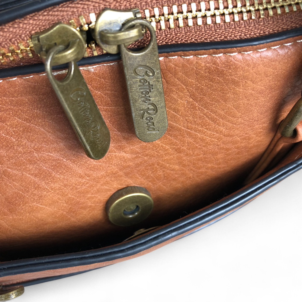 TAN BROWN Cotton Road PU Leather Handbag with Printed Panel