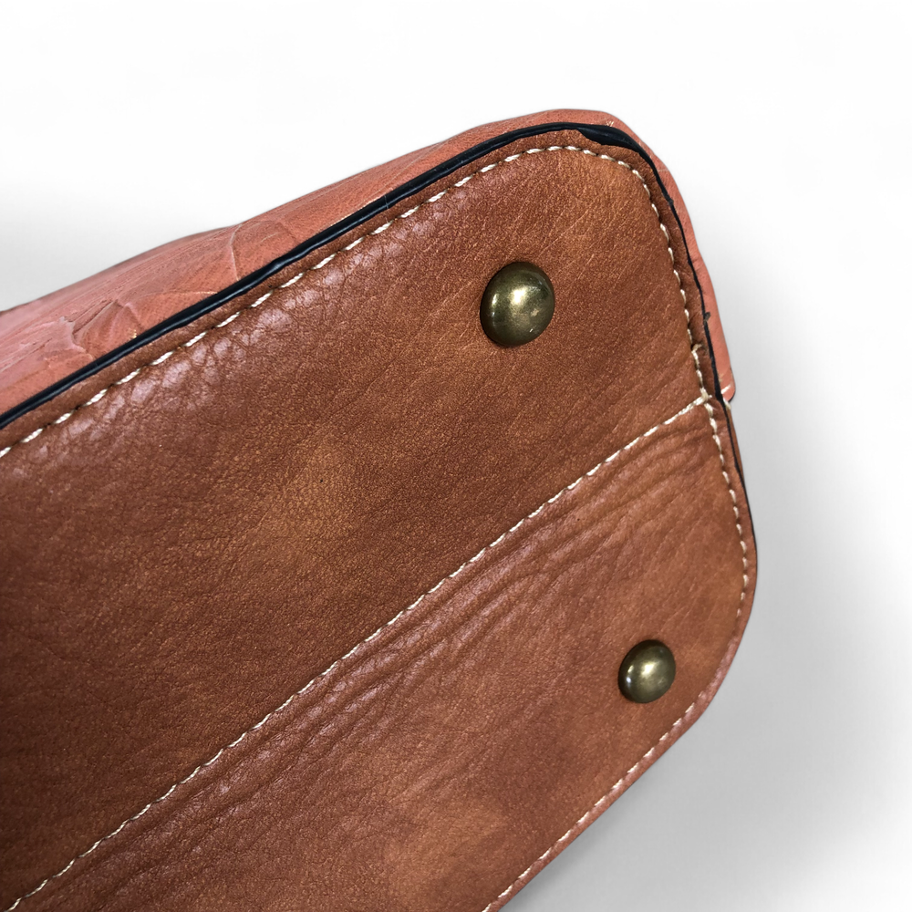 TAN BROWN Cotton Road PU Leather Handbag with Printed Panel