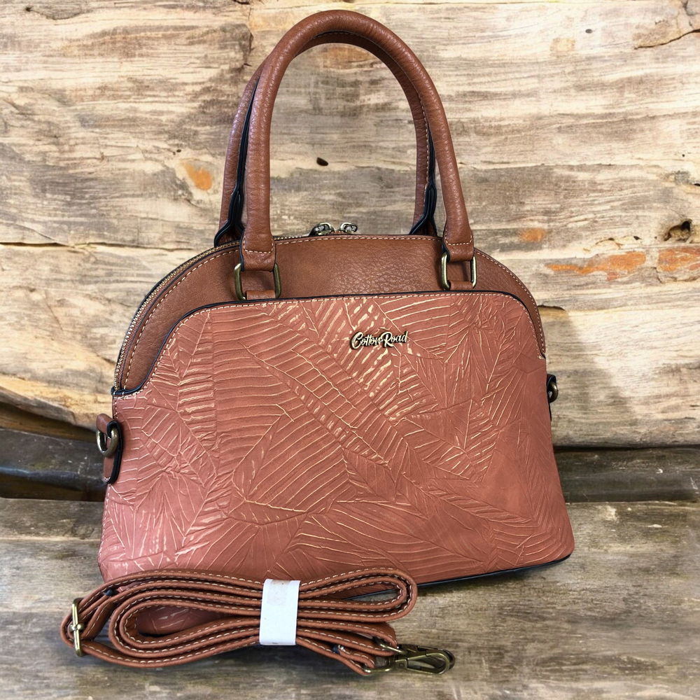 TAN BROWN Cotton Road PU Leather Handbag with Printed Panel