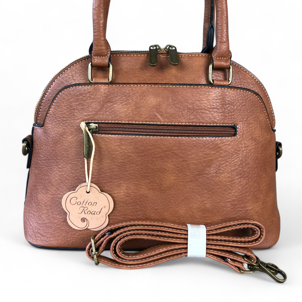 TAN BROWN Cotton Road PU Leather Handbag with Printed Panel