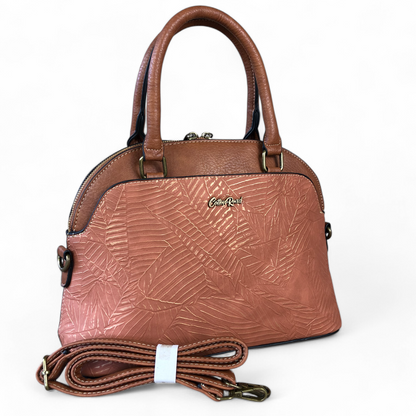 TAN BROWN Cotton Road PU Leather Handbag with Printed Panel
