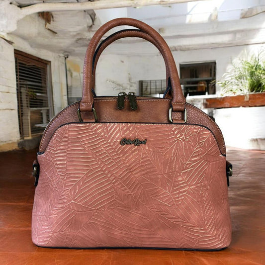 TAN BROWN Cotton Road PU Leather Handbag with Printed Panel