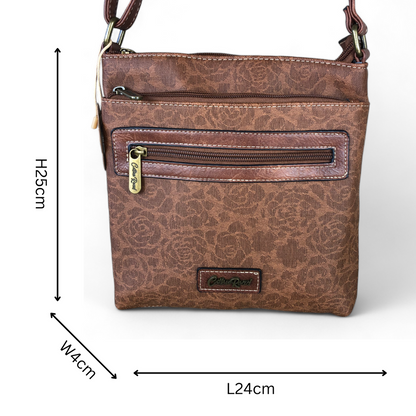 TAN BROWN FLORAL Printed PU Leather Cotton Road Sling Bag