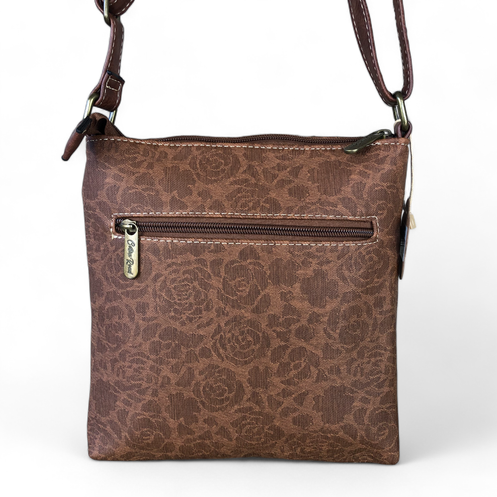 TAN BROWN FLORAL Printed PU Leather Cotton Road Sling Bag