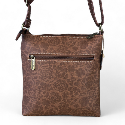 TAN BROWN FLORAL Printed PU Leather Cotton Road Sling Bag