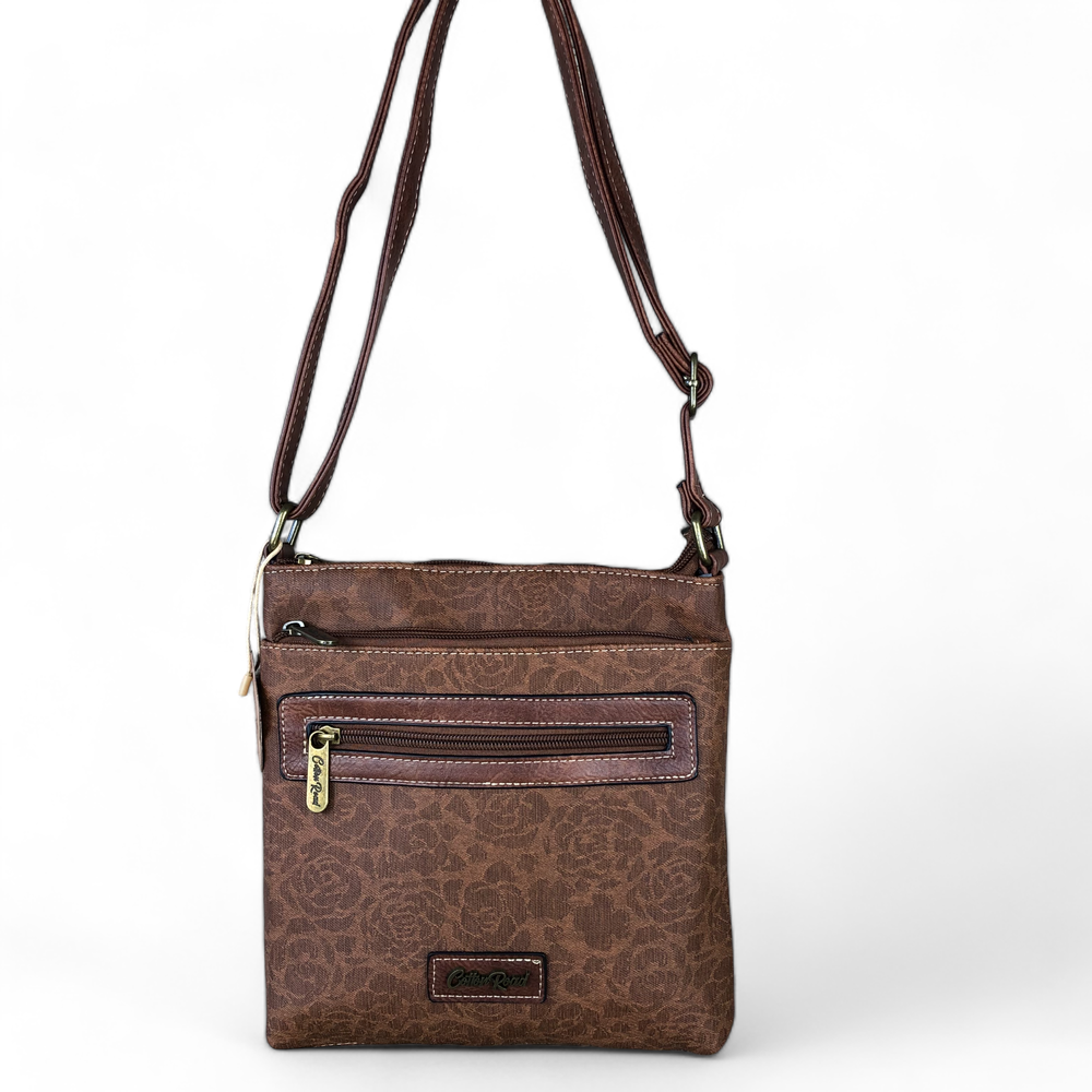 TAN BROWN FLORAL Printed PU Leather Cotton Road Sling Bag