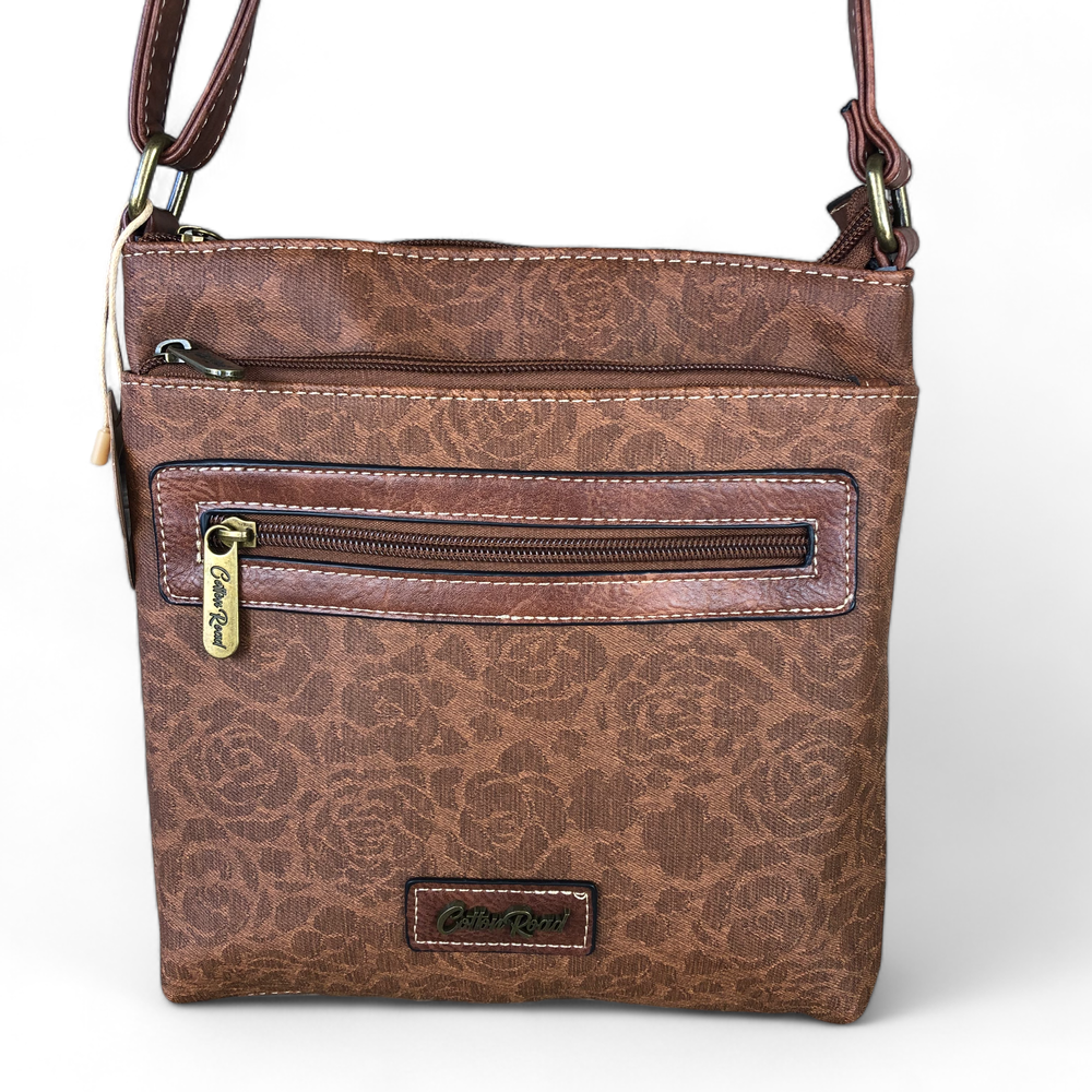 TAN BROWN FLORAL Printed PU Leather Cotton Road Sling Bag