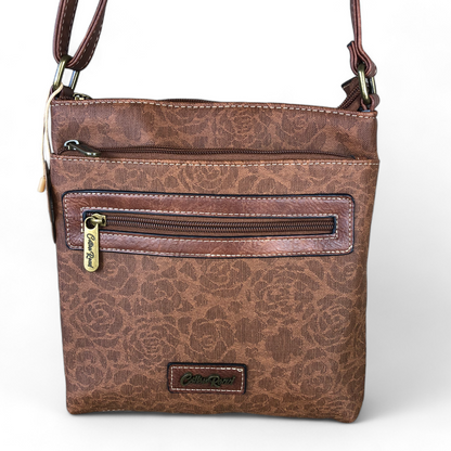 TAN BROWN FLORAL Printed PU Leather Cotton Road Sling Bag