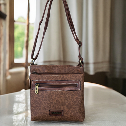 TAN BROWN FLORAL Printed PU Leather Cotton Road Sling Bag