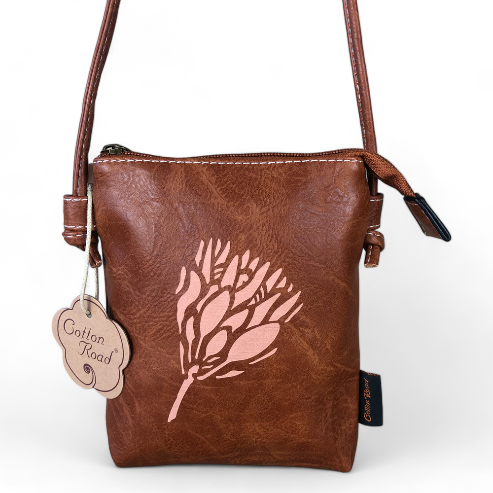 TAN BROWN PU LEATHER Mini Cotton Road Sling Bag with PROTEA