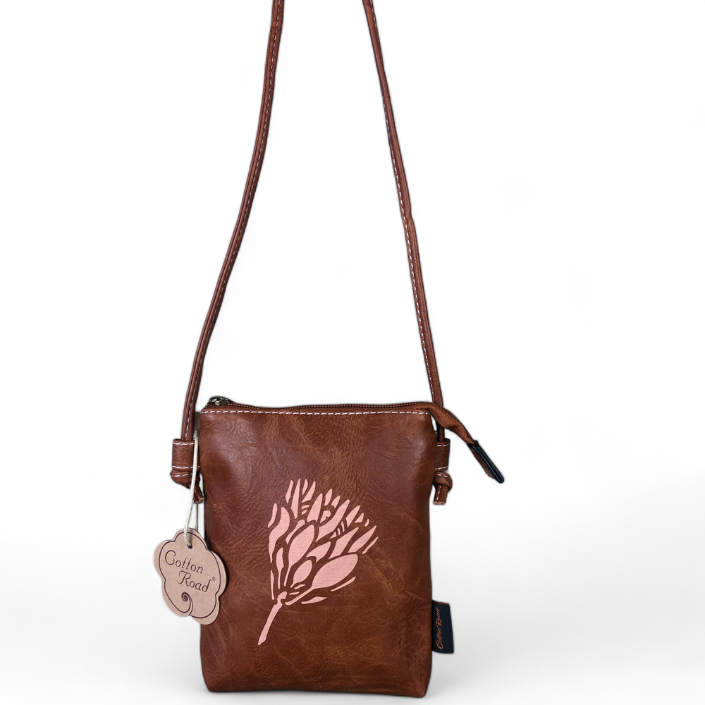TAN BROWN PU LEATHER Mini Cotton Road Sling Bag with PROTEA