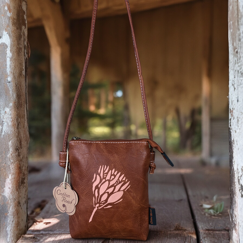 TAN BROWN PU LEATHER Mini Cotton Road Sling Bag with PROTEA
