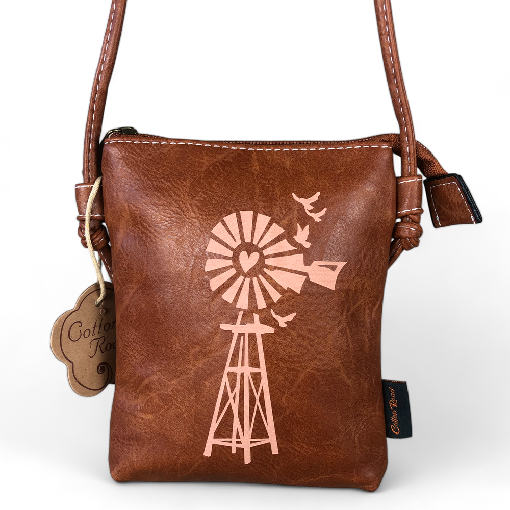 TAN BROWN PU LEATHER Mini Cotton Road Sling Bag with WINDMILL