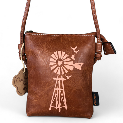 TAN BROWN PU LEATHER Mini Cotton Road Sling Bag with WINDMILL