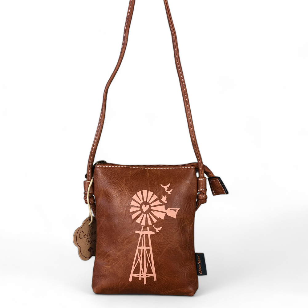 TAN BROWN PU LEATHER Mini Cotton Road Sling Bag with WINDMILL