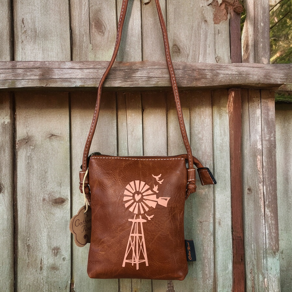 TAN BROWN PU LEATHER Mini Cotton Road Sling Bag with WINDMILL