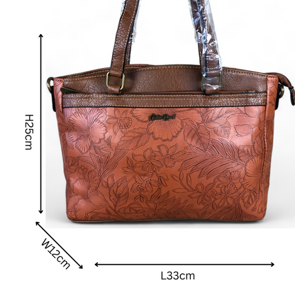 TAN BROWN PU Leather Cotton Road Handbag with EMBOSSED FLOWERS