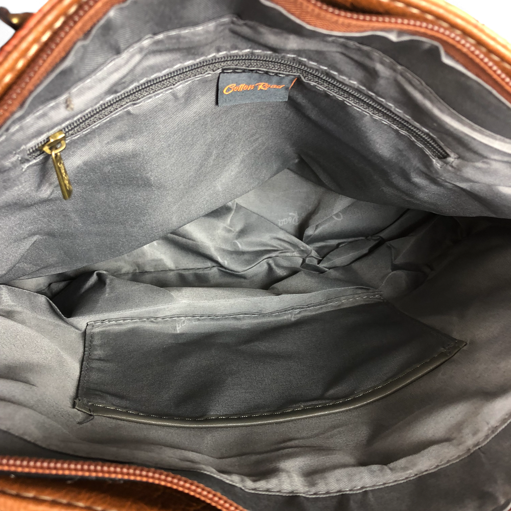 TAN BROWN PU Leather Cotton Road Handbag with EMBOSSED FLOWERS