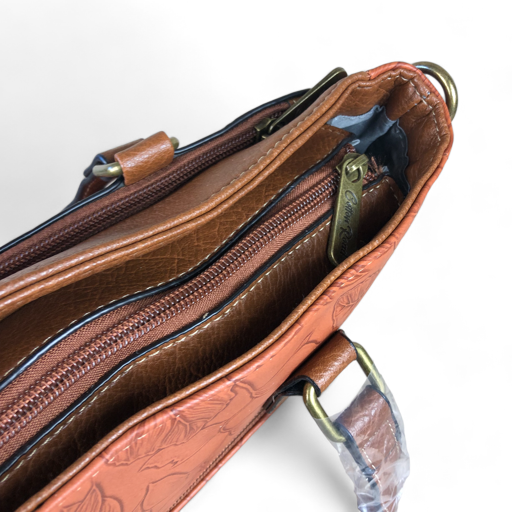 TAN BROWN PU Leather Cotton Road Handbag with EMBOSSED FLOWERS