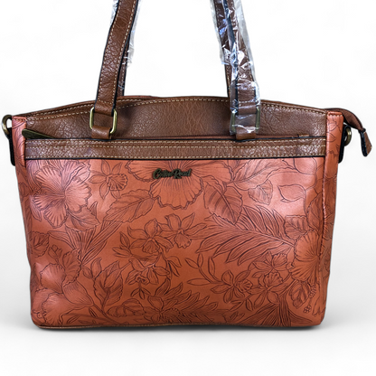 TAN BROWN PU Leather Cotton Road Handbag with EMBOSSED FLOWERS