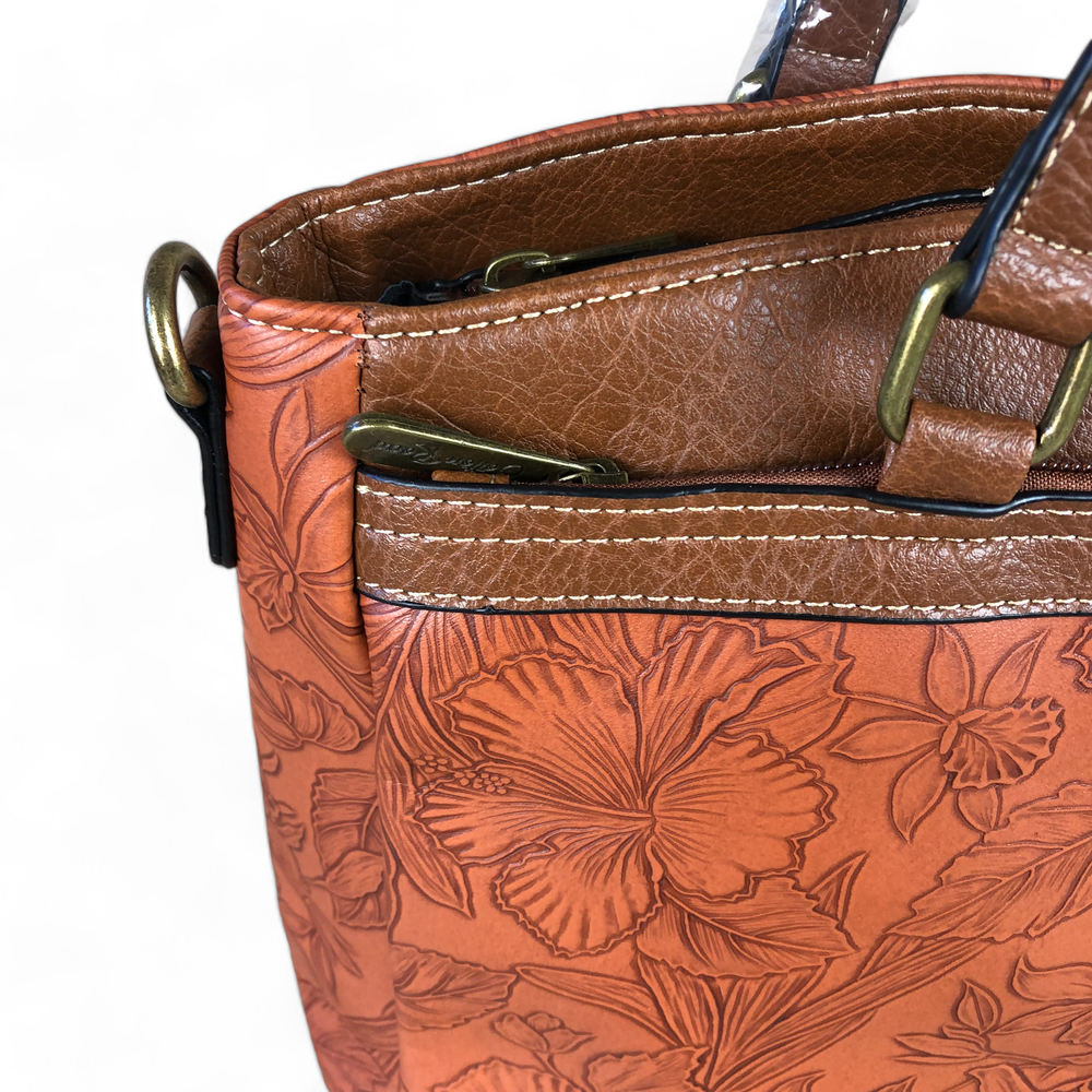 TAN BROWN PU Leather Cotton Road Handbag with EMBOSSED FLOWERS