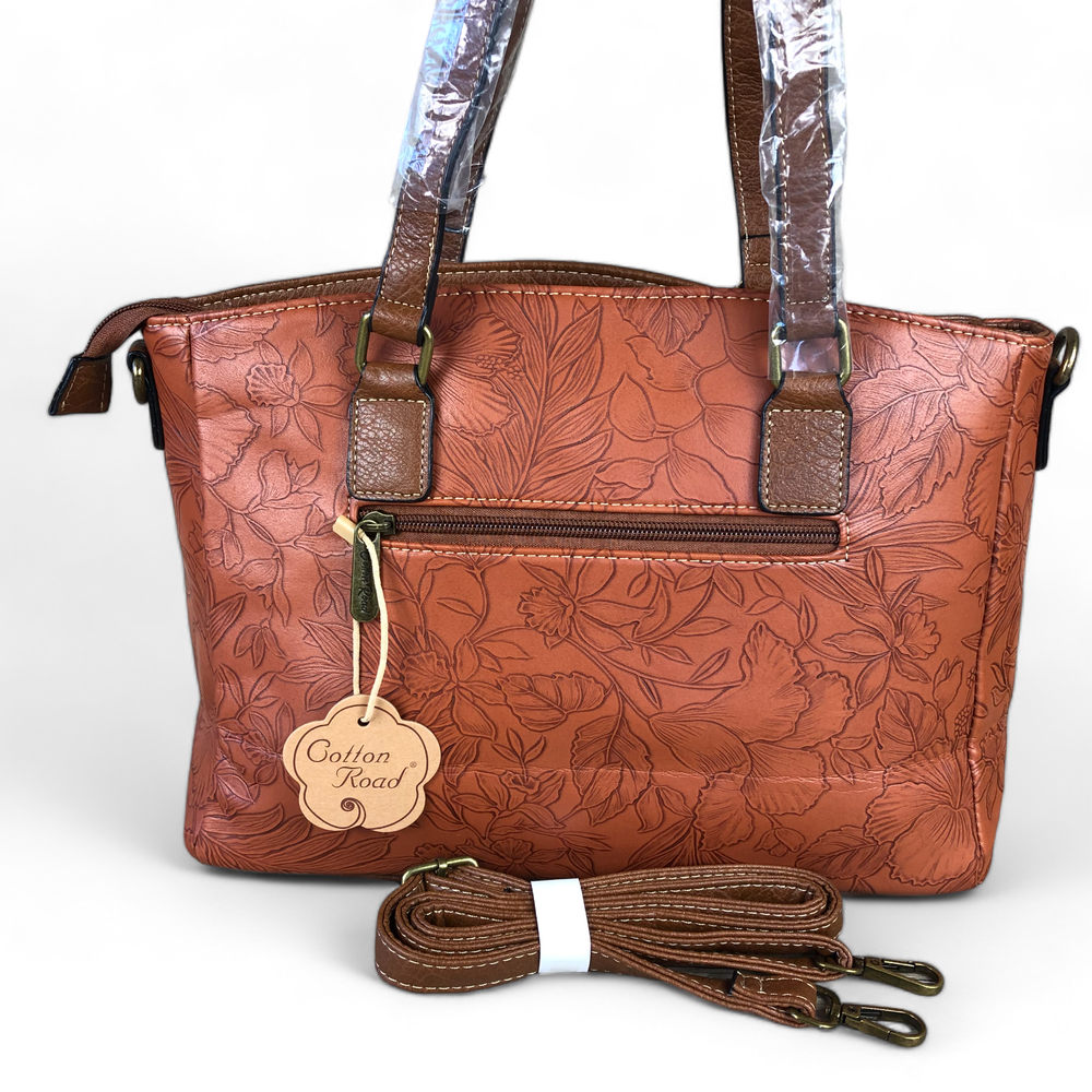 TAN BROWN PU Leather Cotton Road Handbag with EMBOSSED FLOWERS
