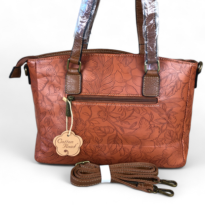 TAN BROWN PU Leather Cotton Road Handbag with EMBOSSED FLOWERS