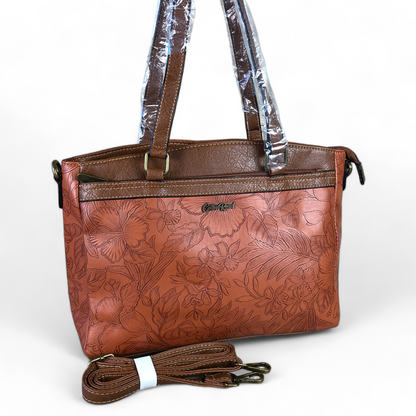 TAN BROWN PU Leather Cotton Road Handbag with EMBOSSED FLOWERS
