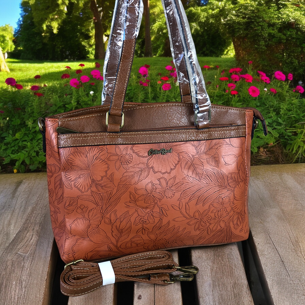 TAN BROWN PU Leather Cotton Road Handbag with EMBOSSED FLOWERS