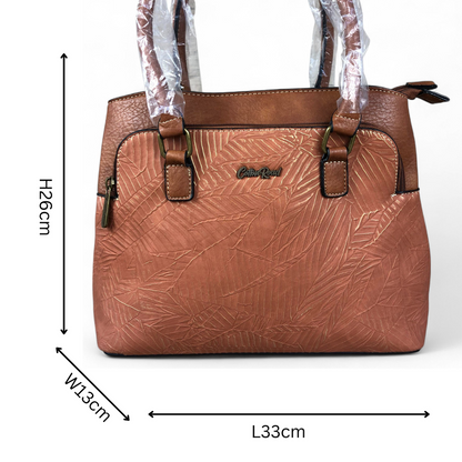 TAN BROWN PU Leather Cotton Road Handbag with EMBOSSED Panel