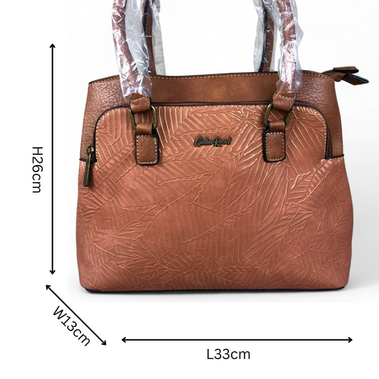 TAN BROWN PU Leather Cotton Road Handbag with EMBOSSED Panel
