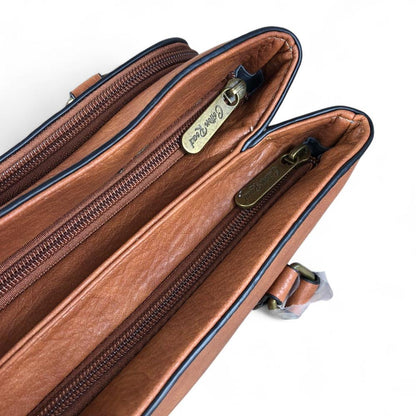 TAN BROWN PU Leather Cotton Road Handbag with EMBOSSED Panel