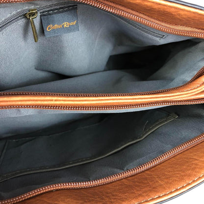 TAN BROWN PU Leather Cotton Road Handbag with EMBOSSED Panel