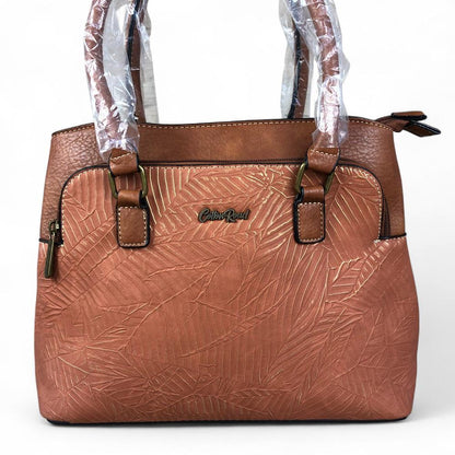 TAN BROWN PU Leather Cotton Road Handbag with EMBOSSED Panel
