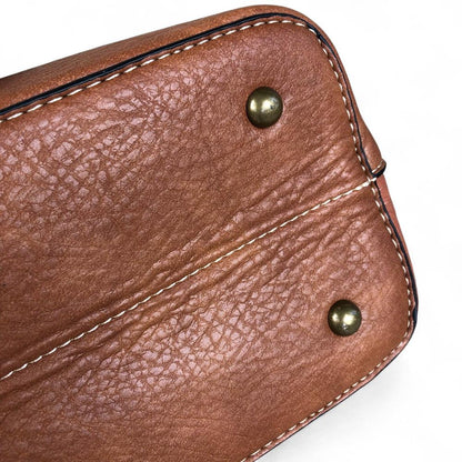 TAN BROWN PU Leather Cotton Road Handbag with EMBOSSED Panel