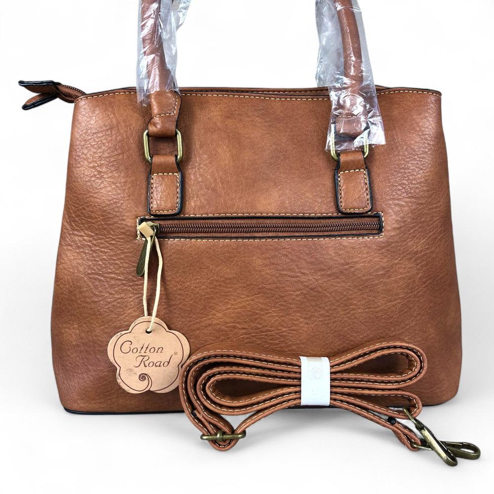 TAN BROWN PU Leather Cotton Road Handbag with EMBOSSED Panel