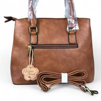 TAN BROWN PU Leather Cotton Road Handbag with EMBOSSED Panel