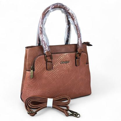 TAN BROWN PU Leather Cotton Road Handbag with EMBOSSED Panel