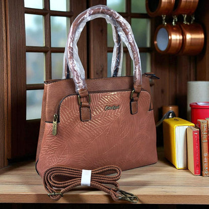 TAN BROWN PU Leather Cotton Road Handbag with EMBOSSED Panel