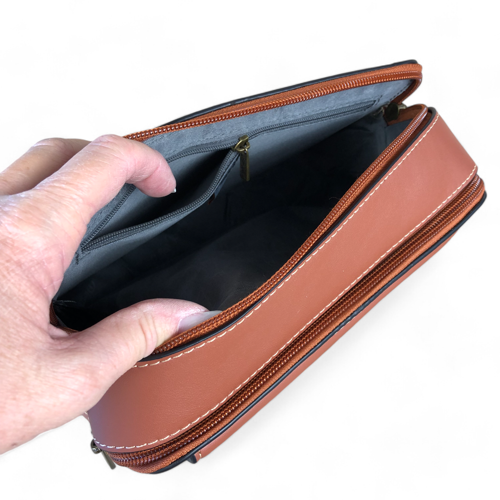 TAN BROWN PU Leather Cotton Road Sling Bag with BRANDED STRAP