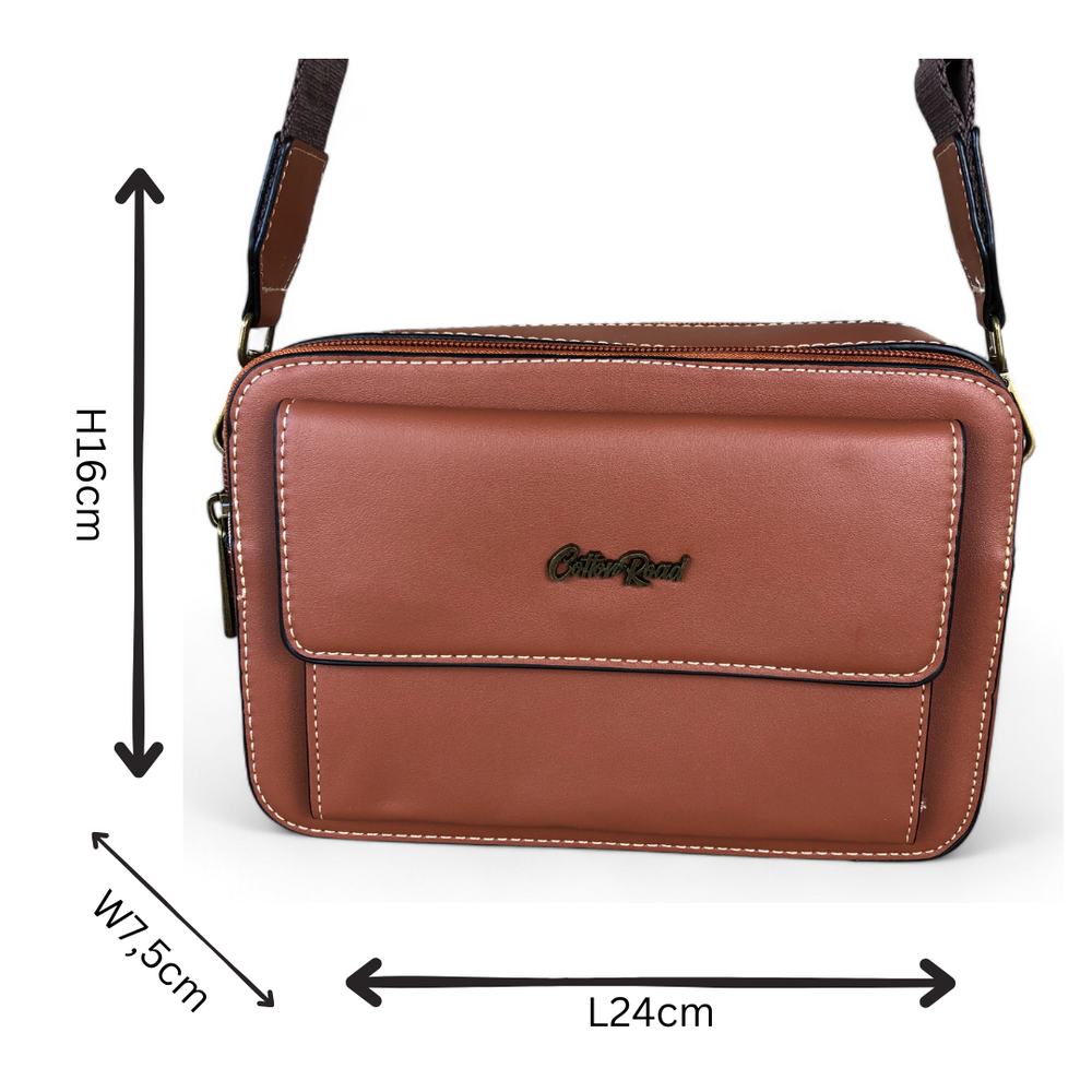TAN BROWN PU Leather Cotton Road Sling Bag with BRANDED STRAP