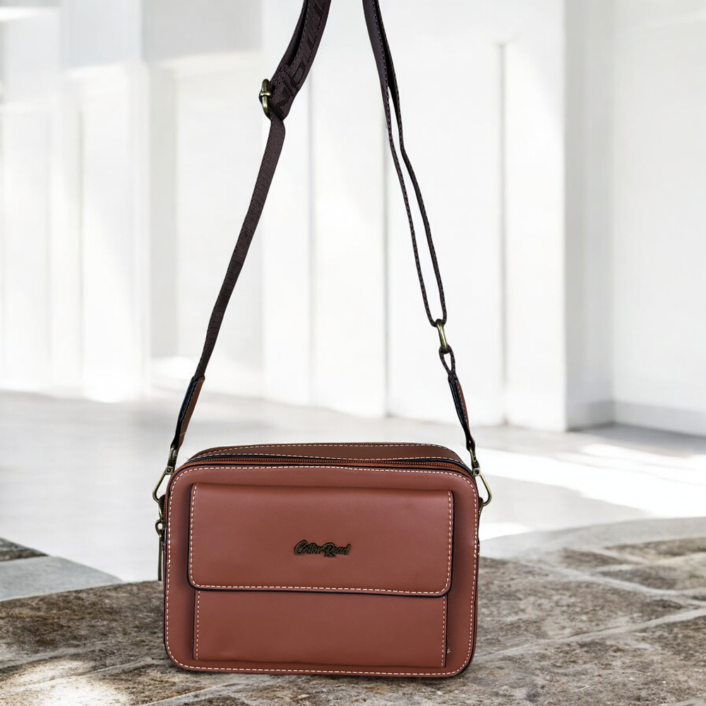 TAN BROWN PU Leather Cotton Road Sling Bag with BRANDED STRAP