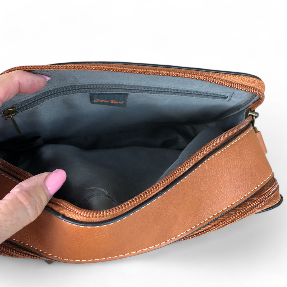 TAN BROWN PU Leather Cotton Road Sling Bag with EMBOSSED FLOWERS