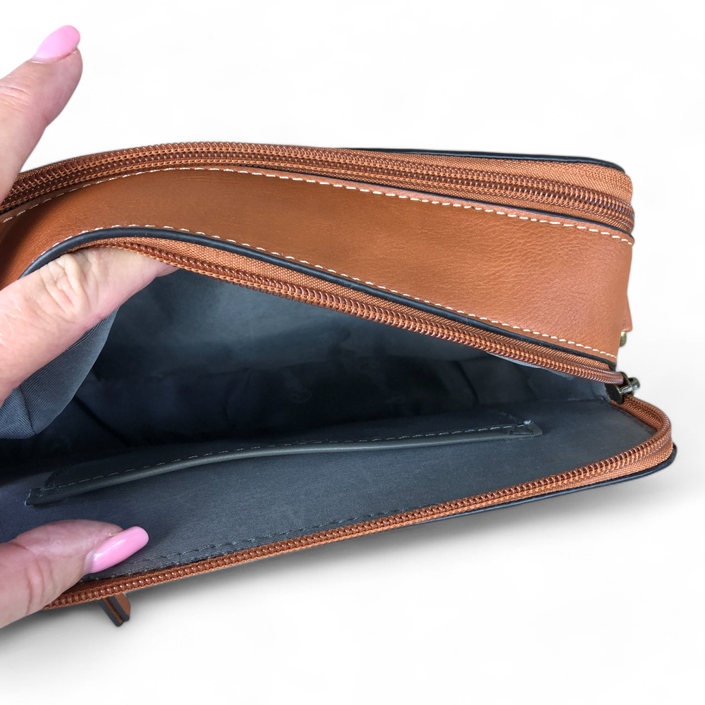 TAN BROWN PU Leather Cotton Road Sling Bag with EMBOSSED FLOWERS