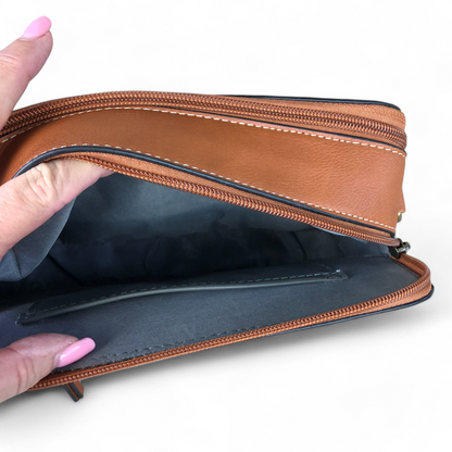 TAN BROWN PU Leather Cotton Road Sling Bag with EMBOSSED FLOWERS