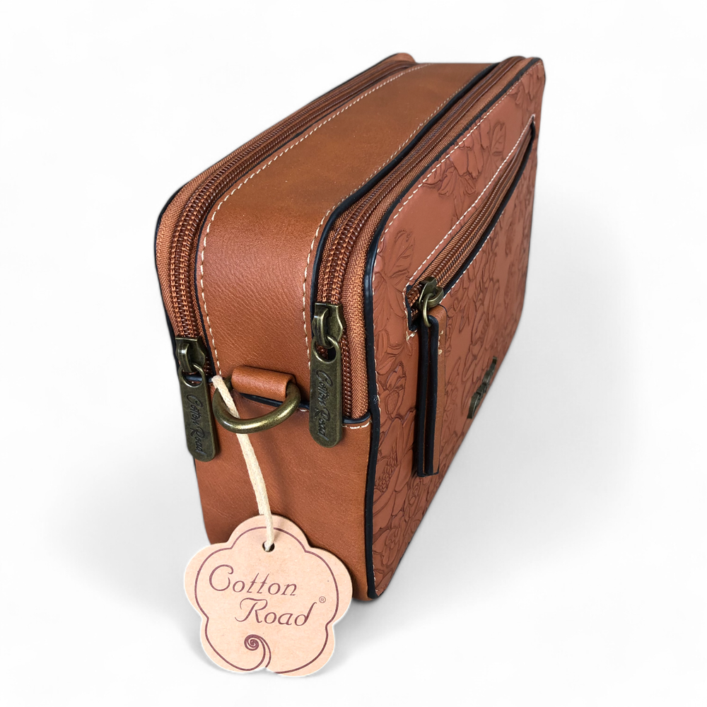 TAN BROWN PU Leather Cotton Road Sling Bag with EMBOSSED FLOWERS