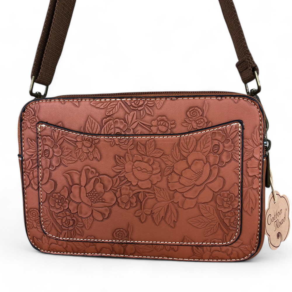 TAN BROWN PU Leather Cotton Road Sling Bag with EMBOSSED FLOWERS
